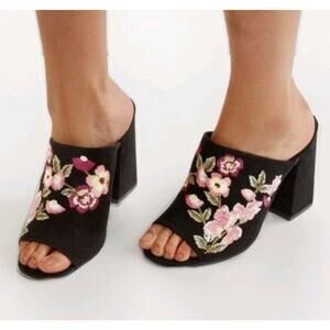 New Look Black Suedette Floral Embroidered Mule Sandals Open Toe Block Heel Sz 7